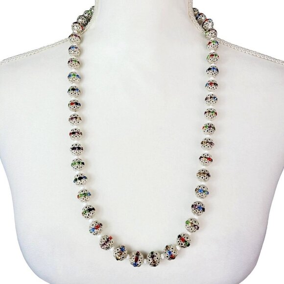 Filigree & Rhinestone Crystal Beaded Necklace 28" Toggle Clasp Silver Tone EUC - Picture 1 of 9